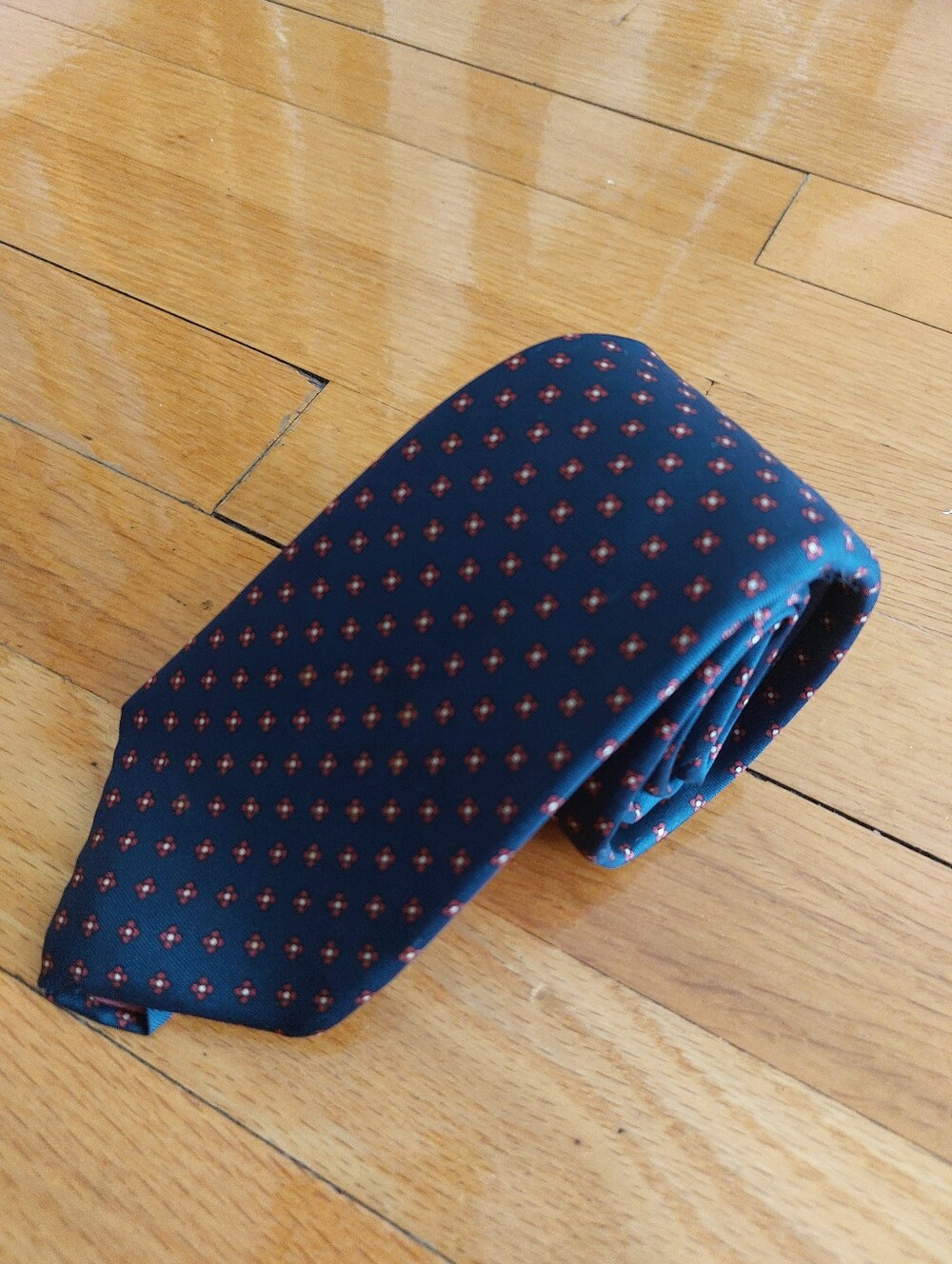 Classic Bert Pulitzer Navy Tie with Small Red Dot Pattern